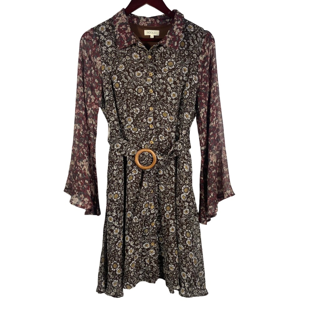 ROOLEE Floral Belted Button Front Dress S Brown Burgundy Long Sleeve Fall Dress